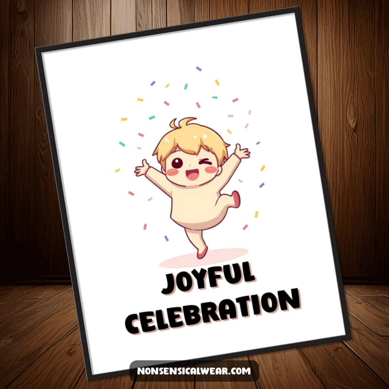 Digital art print: a cute kawaii character joyfully performs a cartwheel, scattering a shower of confetti.