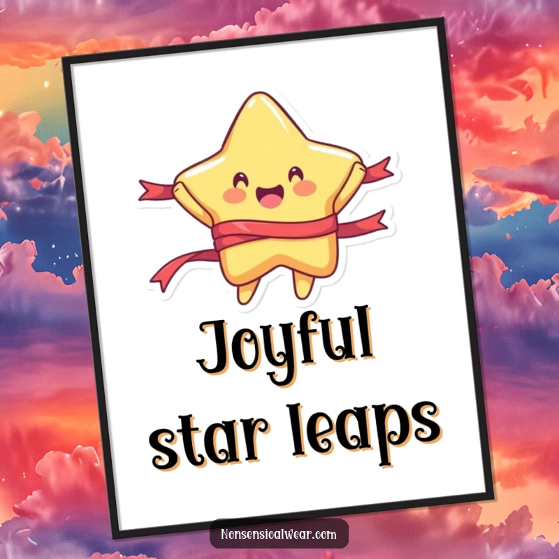 Funny digital art print of a rounded star character joyfully jumping with a flowing ribbon, designed to bring smiles and energy.