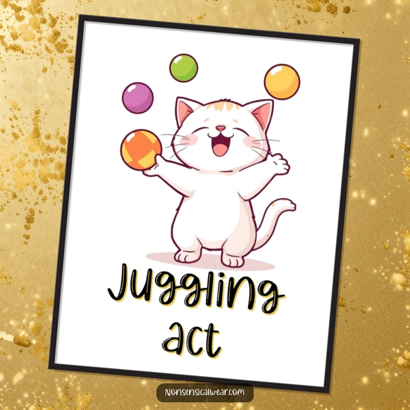 Funny Kawaii Cat Digital Art: A talented kawaii cat juggles balls, bringing instant wonder and humor.