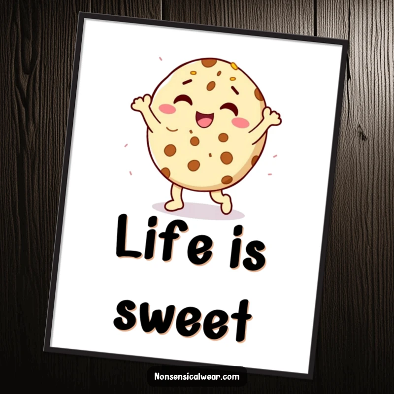 Funny delighted cookie character doing a happy dance with sprinkles, as a digital art print, adding playful charm to decor.