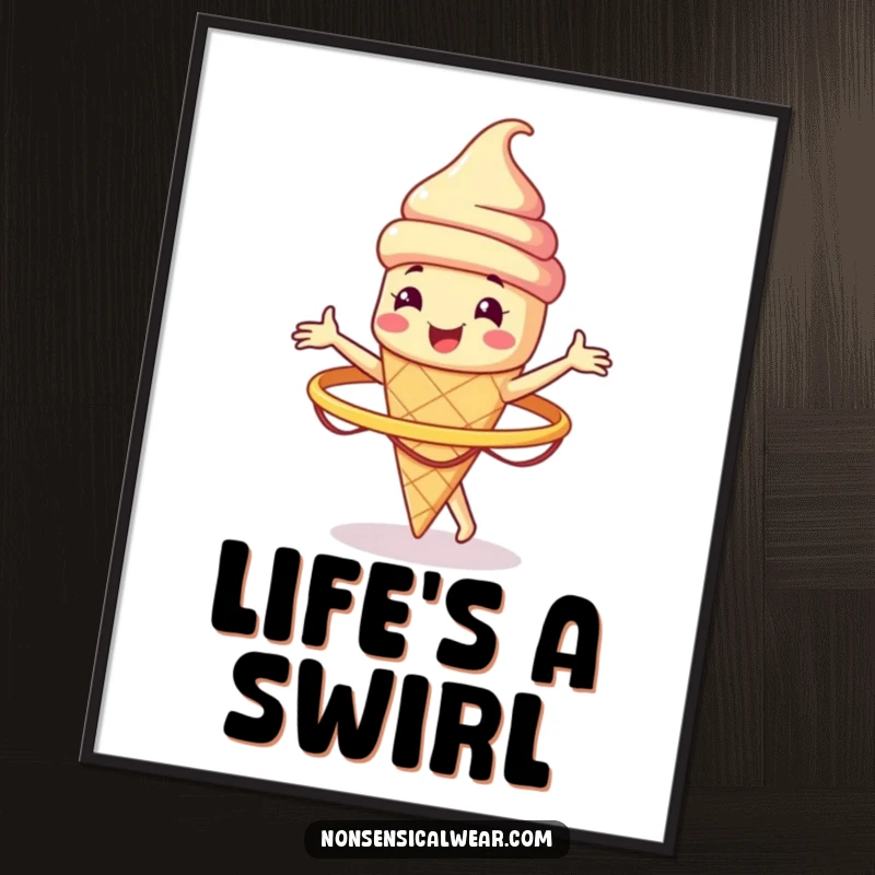 Funny smiling ice cream cone character spinning a hula hoop, as a digital art print, adding cool and playful charm to decor.