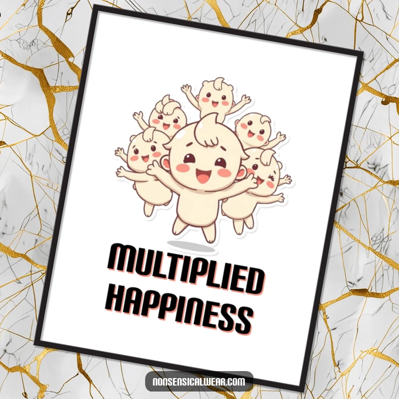 Funny digital art print of a happy character splitting into multiple bouncing copies, capturing a scene of pure, amplified joy and playful movement.