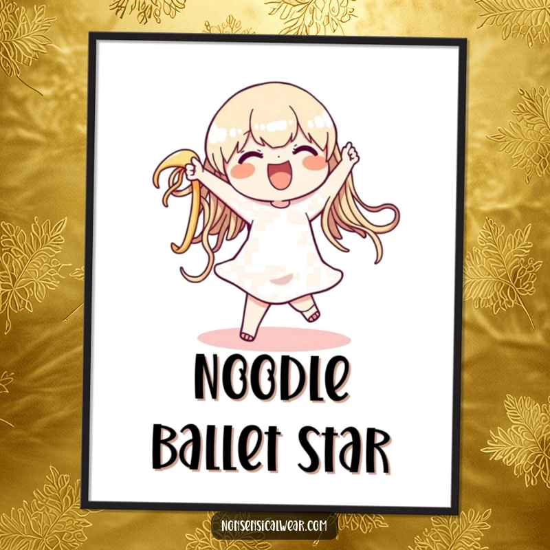 Funny character dancing with a huge, wiggly noodle in this digital art print, capturing a whimsical and joyous moment, perfect for screen savers or prints.