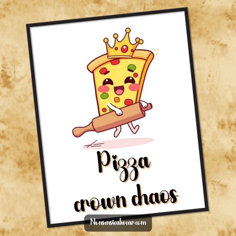 Funny pizza digital art print of a giggling pizza slice wearing a crown, riding a runaway rolling pin.
