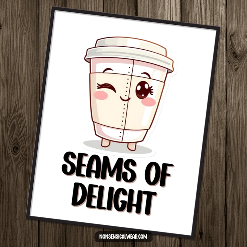 Funny digital art print of a winking coffee cup character proudly displaying a perfectly sewn seam, ideal for sewing room decor.