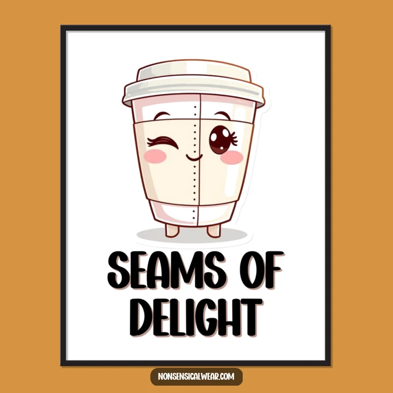 Funny Coffee Seamstress Digital Art: Winking Cup Stitch Print, Humorous Sewing Decor