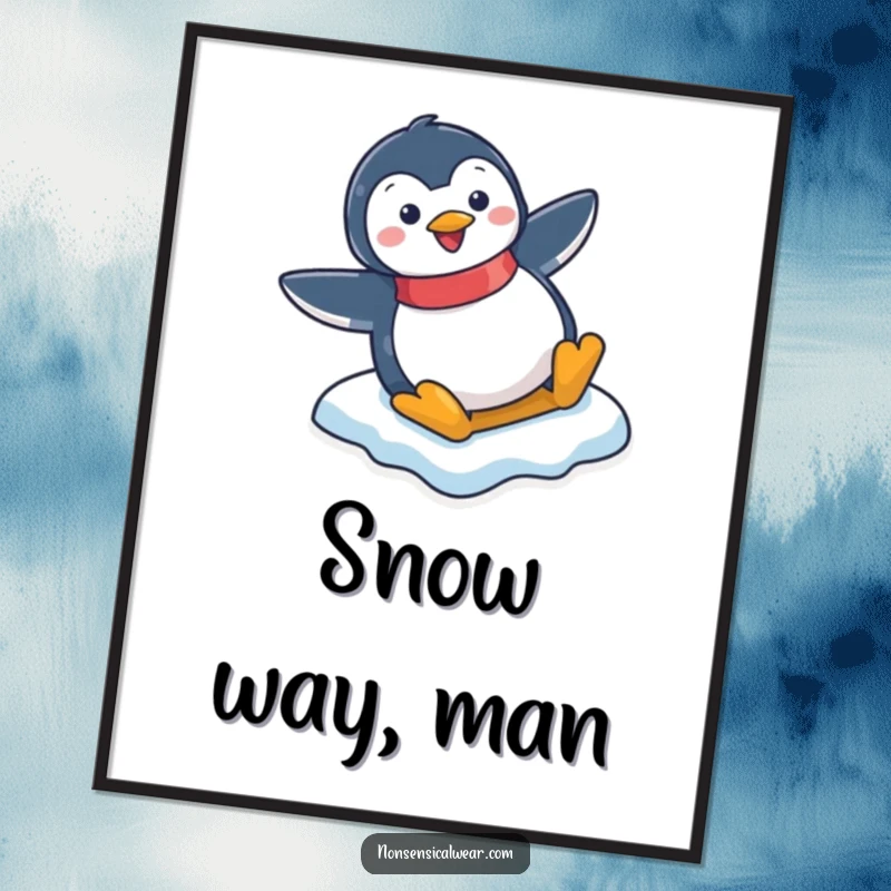 Funny digital printable art of a happy penguin character sliding down an icy slope, bringing joy instantly.