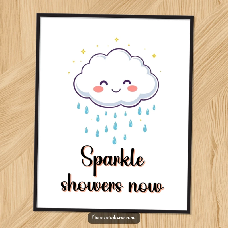Funny digital art print of a cute, smiling cloud character showering gentle, sparkling raindrops in a cheerful, whimsical design.