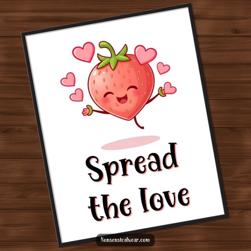 Funny cheerful strawberry character joyfully juggling hearts as a downloadable digital art print, full of sweet humor.