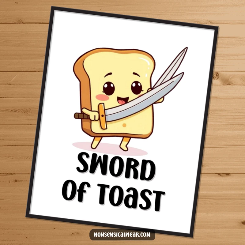 Funny smiling toast character wielding a giant needle like a sword, captured in a heroic and humorous digital art print.