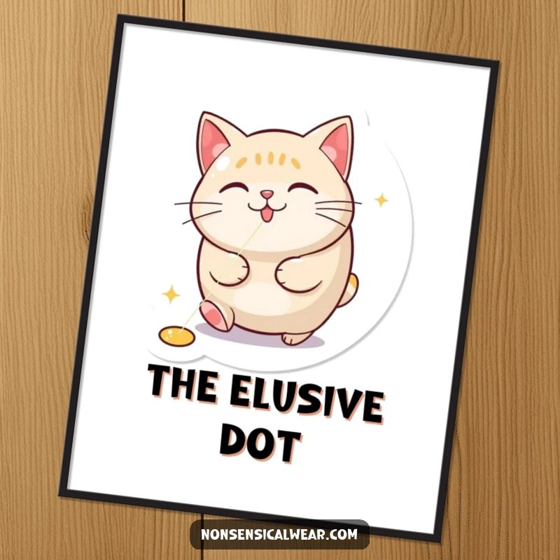 Funny digital art print of a round cat captivated by a red laser pointer dot, perfect for humorous wall decor.