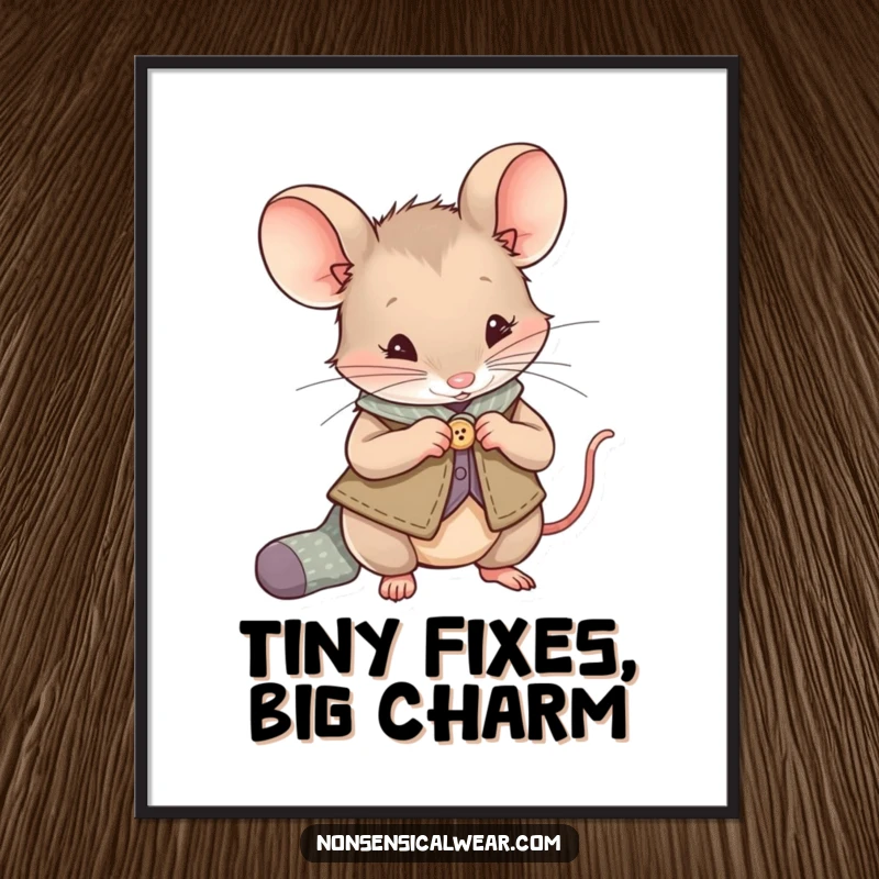 Funny Mouse Digital Art: A mouse in a vest sews a button onto a small sock, a charming and humorous printable.