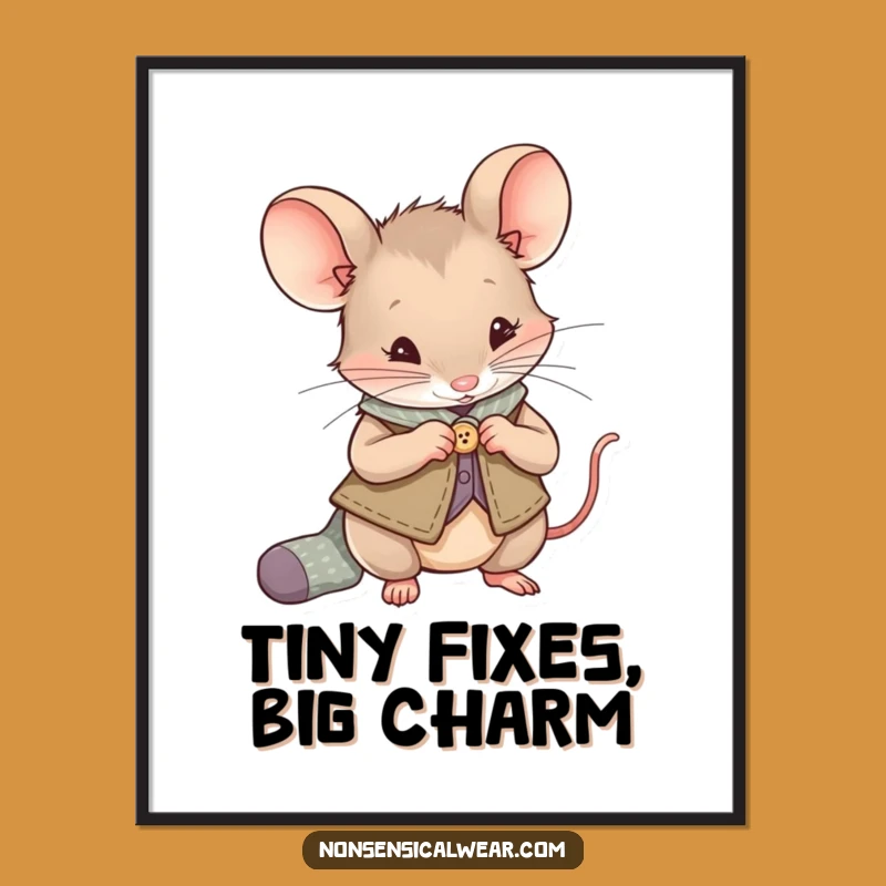 Funny Mouse Sewing Digital Art: Tiny Tailor Charm, Instant Funny Gift
