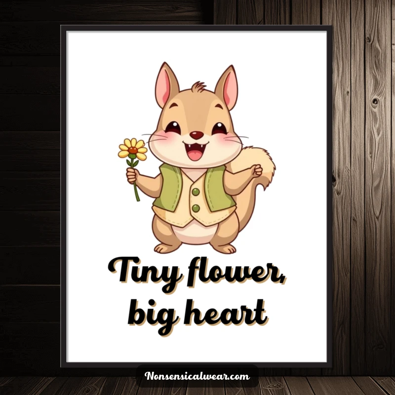 Funny squirrel wearing a vest and holding a flower, a humorous and charming digital art print for instant decor.
