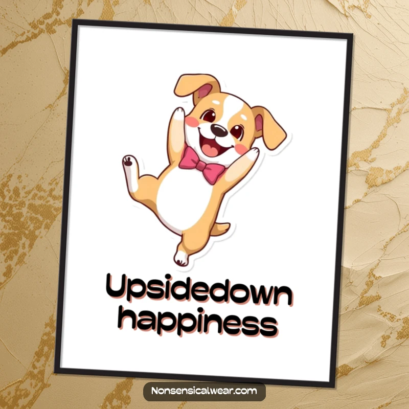 Funny digital art print of a happy dog in a bowtie doing a playful somersault, bringing instant canine energy.
