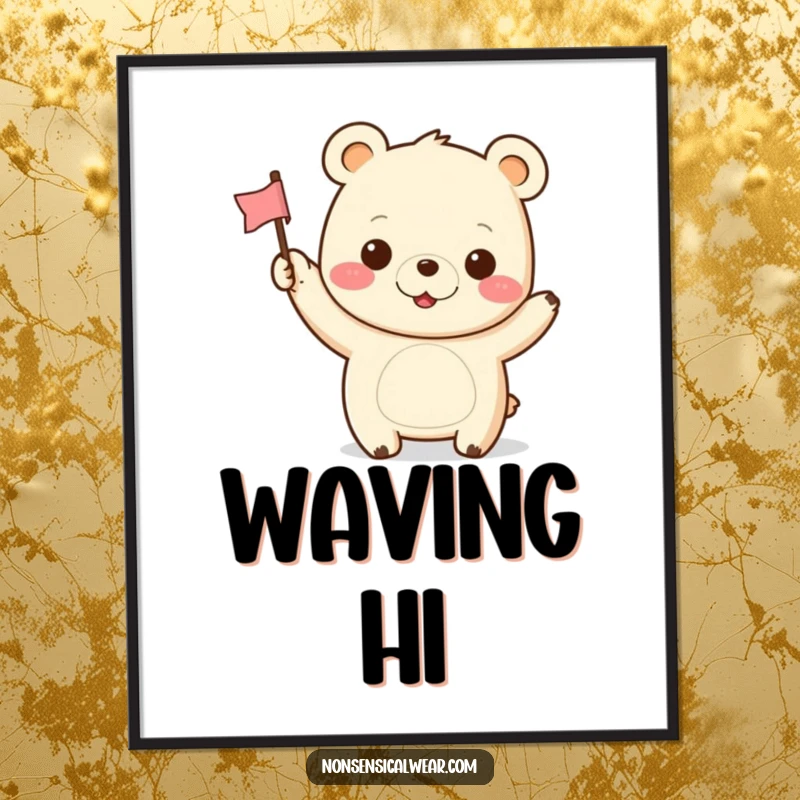 Funny Kawaii Bear Digital Art: A cheerful kawaii bear happily waves a flag, offering instant visual joy and humor.