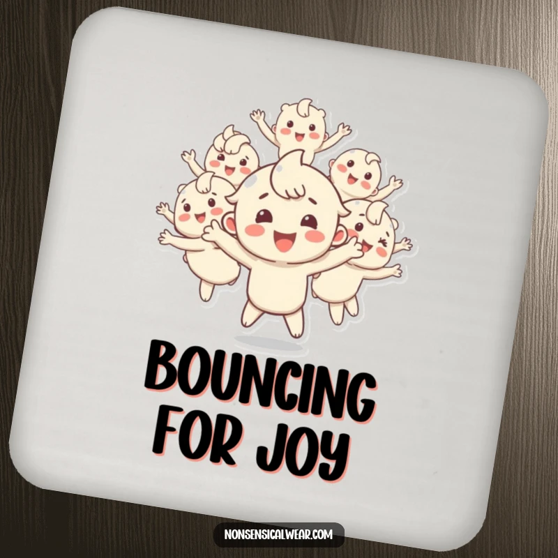 Funny drink coaster featuring a happy character multiplying into bouncing copies, protecting surfaces with energetic and playful artwork, a charming housewarming gift.