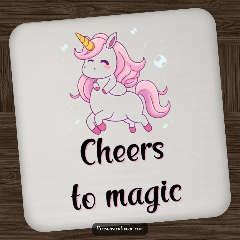 Funny drink coaster featuring a giggling character riding a unicorn made of bubbles, protecting surfaces with whimsical and magical artwork, a charming housewarming gift.