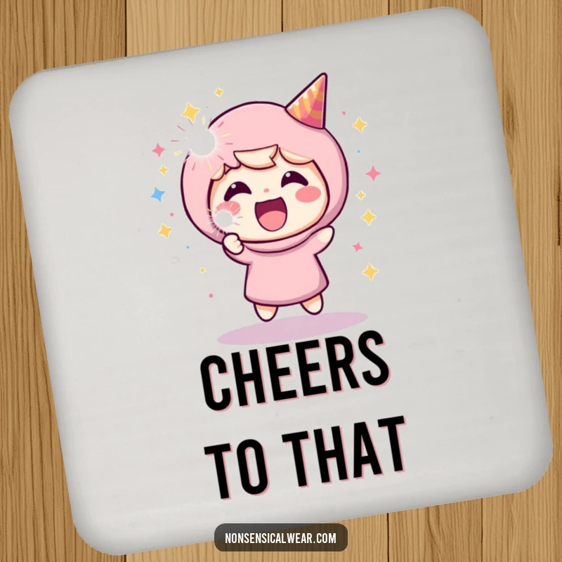 Funny drink coaster with a gleeful character launching a party popper, protecting surfaces with a touch of celebratory humor.