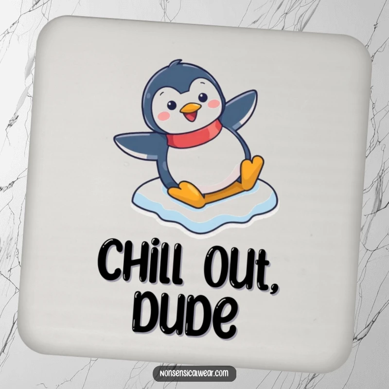 Funny drink coasters with a happy penguin character sliding down an icy slope, adding humor to your table.