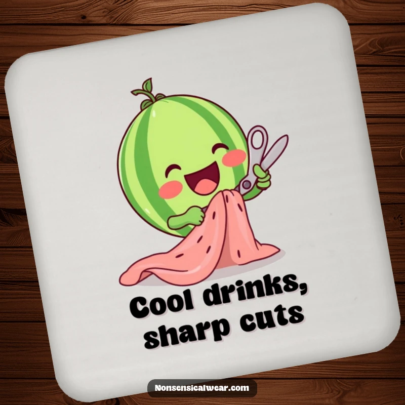 Funny watermelon character enthusiastically cutting fabric with scissors on a protective drink coaster, adding creative charm.