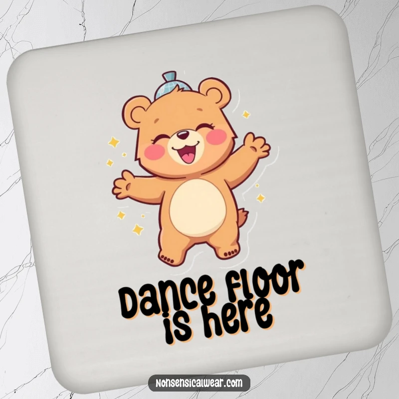 Funny drink coaster with a cheerful bear character gleefully dancing with a disco ball, adding a splash of party fun to drinks.