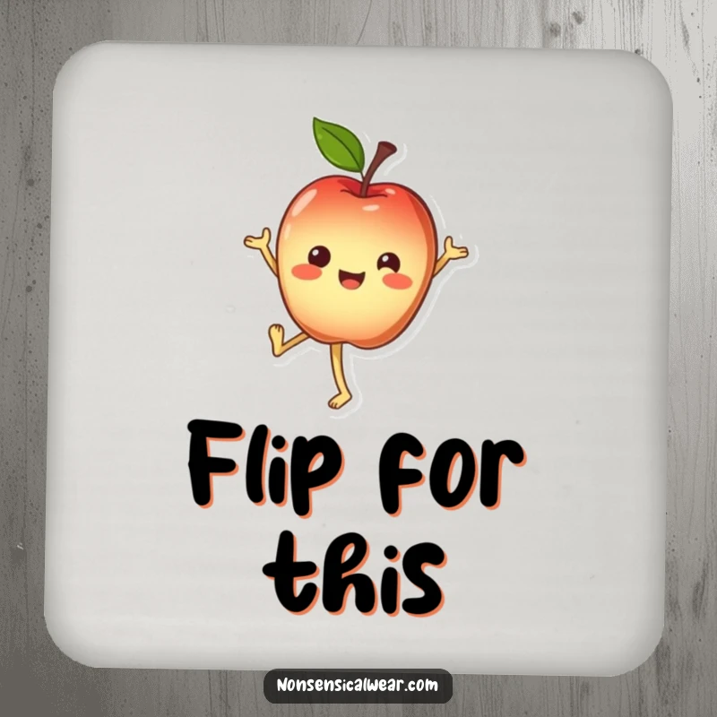 Funny Drink Coaster: Cheerful apple character doing a handstand, providing balanced protection.