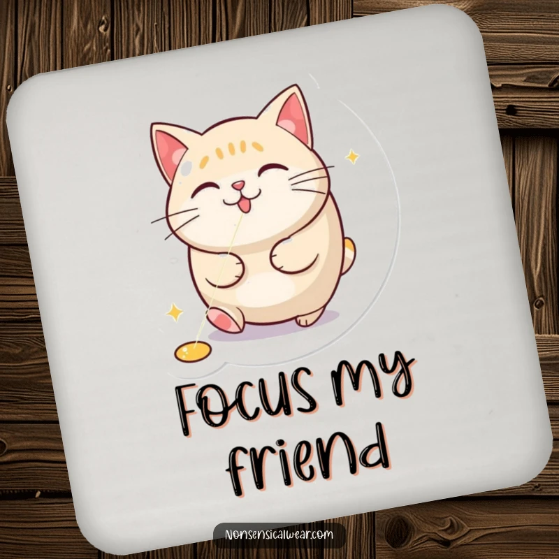 Funny drink coaster displaying a round cat intently pursuing a red laser pointer dot, a humorous addition to any table.