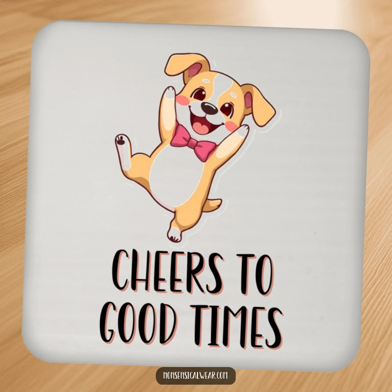 Funny drink coaster featuring a happy dog doing a playful somersault, adding cheerful canine style and surface protection.
