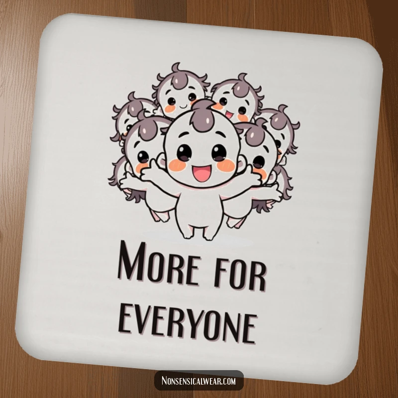 Funny drink coaster with a cheerful character duplicating into multiple bouncy figures, adding playful energy to any table setting.
