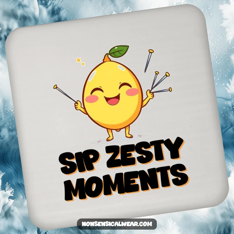 Funny drink coaster featuring a happy lemon character juggling sewing needles, adding a humorous and protective element.