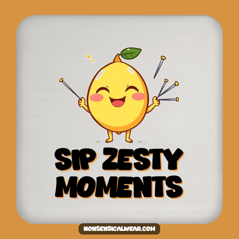 Funny Happy Lemon Juggling Needles Coaster: Silly Citrus Drink Protector