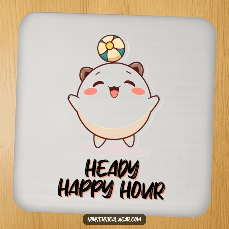 Funny drink coaster: a round, smiling character bounces a ball with its head, adding fun to table protection.