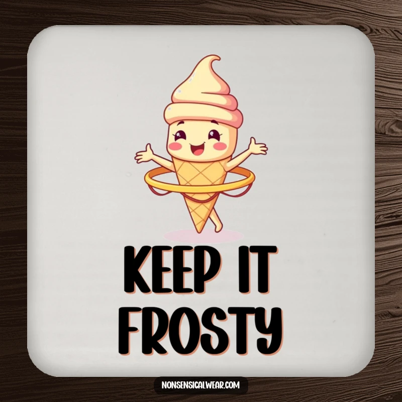 Funny smiling ice cream cone character spinning a hula hoop on a drink coaster, a small yet humorous protective accessory.