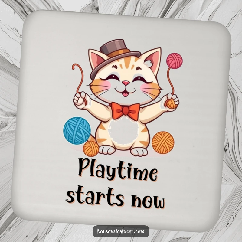 Funny drink coaster featuring a dapper cat juggling yarn balls, adding playful elegance and surface protection.