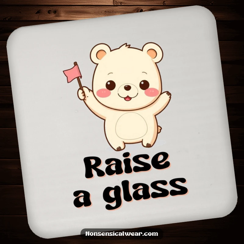 Funny Kawaii Bear Drink Coaster: A cute kawaii bear waves a tiny flag, adding a cheerful touch to drink protection.