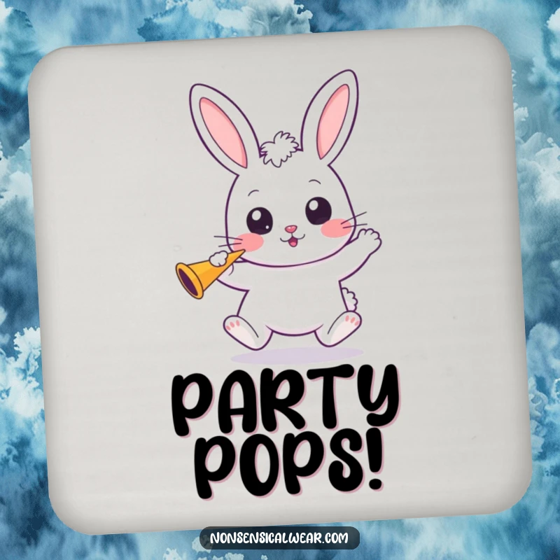 Funny Kawaii Bunny Drink Coaster: A wide-eyed kawaii bunny holds a party horn, adding cheerful protection.