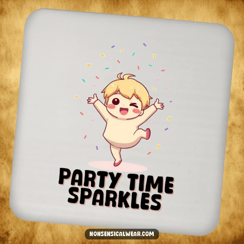 Funny drink coaster: a cute kawaii character does a cartwheel while tossing confetti, adding fun to table protection.