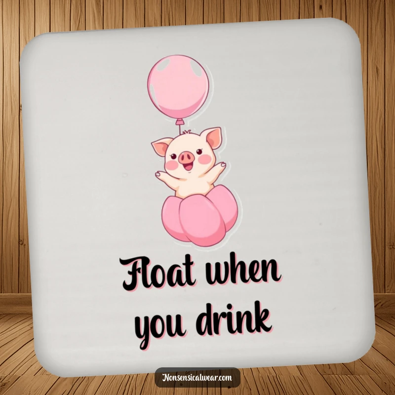 Funny kawaii piglet smiling while floating up on a balloon, a humorous and cheerful design on this drink coaster, perfect for tabletops.