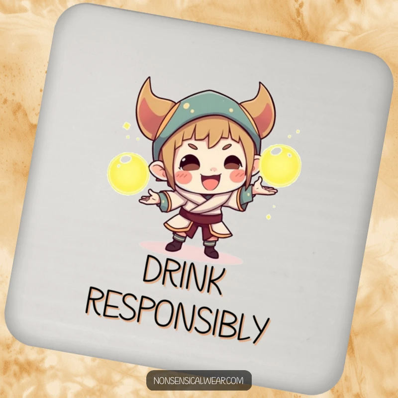 Funny drink coaster with a cunning character juggling three glowing orbs, adding a touch of playful magic to any table setting.