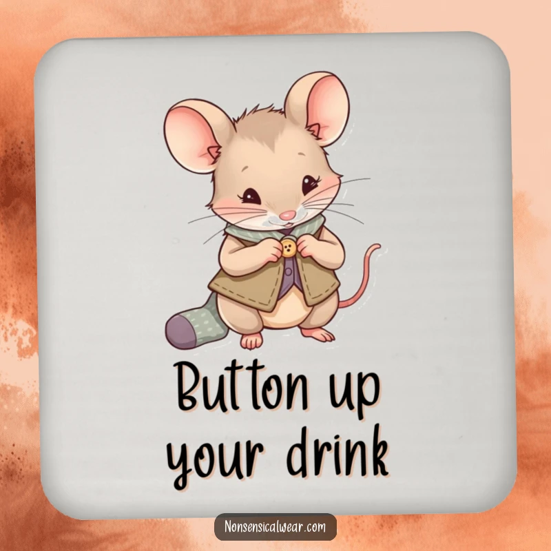 Funny Mouse Coaster: A mouse wearing a vest sews a button onto a small sock, protecting surfaces with charm.
