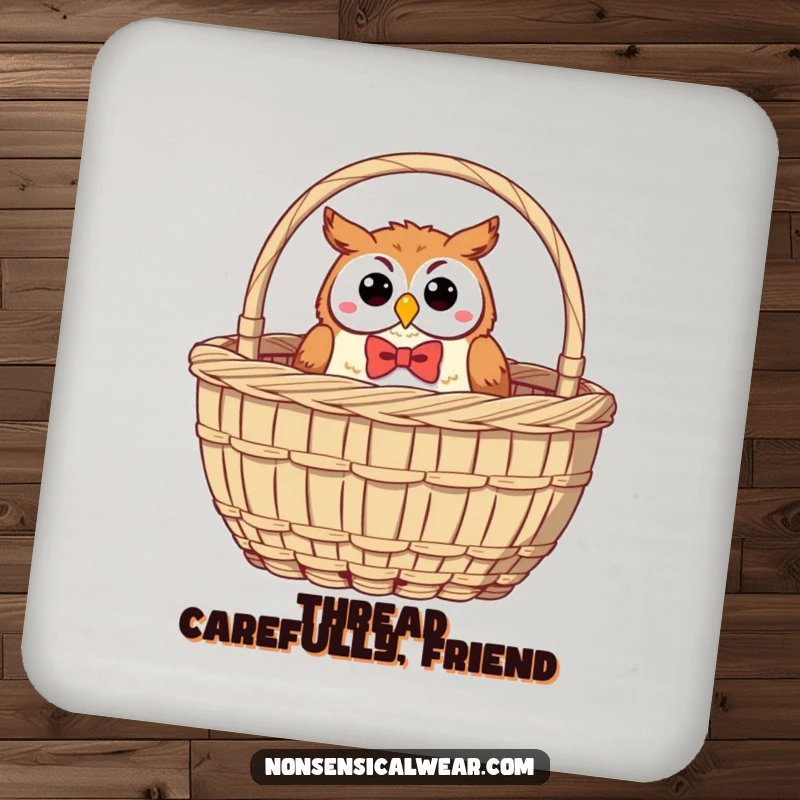 Funny Owl Coaster: A dapper owl with a bow tie peeks from a sewing basket, protecting surfaces with humor.