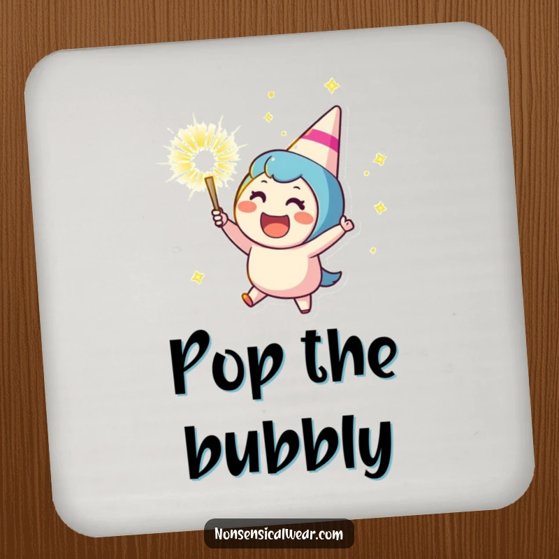 Funny drink coaster featuring a cheering character launching a party popper, protecting surfaces with festive and celebratory artwork, a charming housewarming gift.