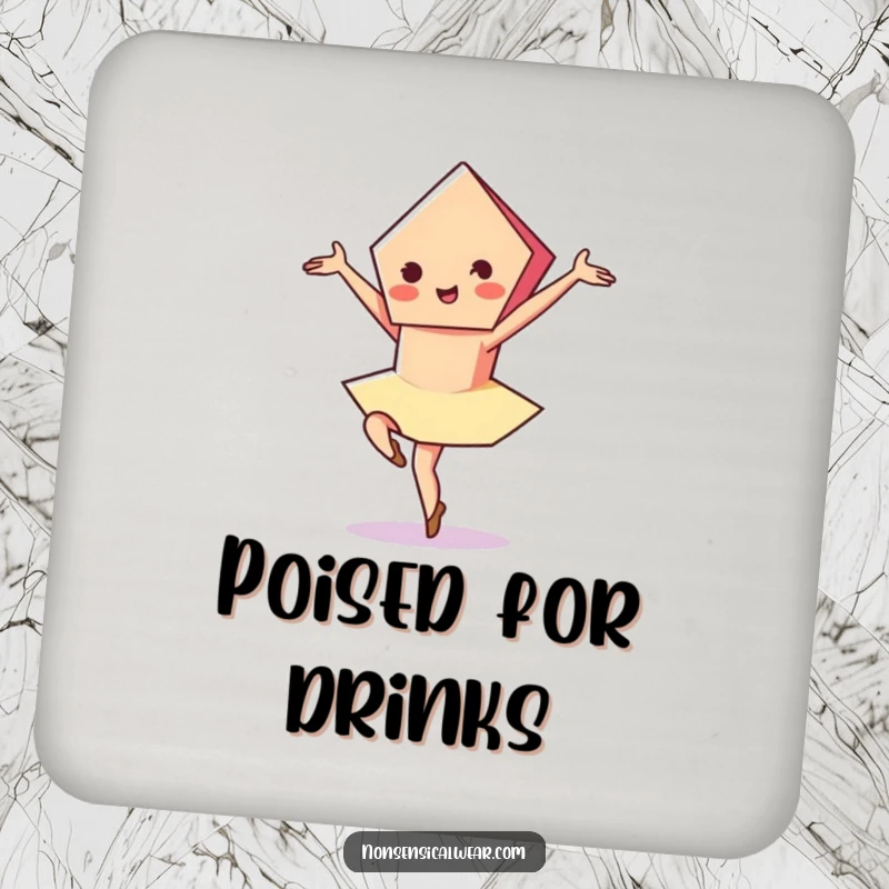Funny drink coaster showcasing a vibrant pentagon character performing a graceful pirouette, adding elegant charm and protection.