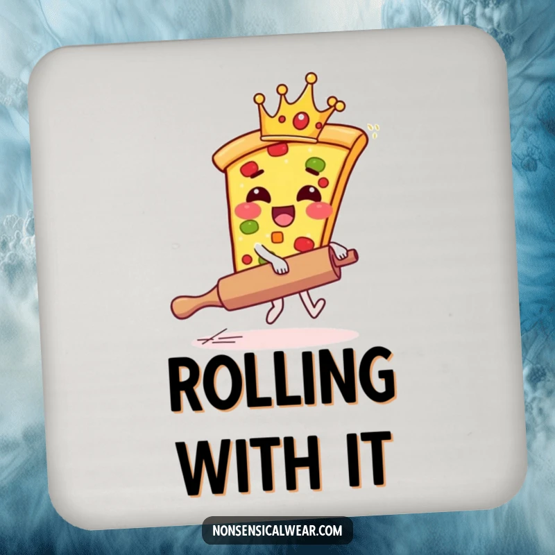 Funny pizza coaster illustration of a giggling pizza slice wearing a crown, riding a runaway rolling pin.