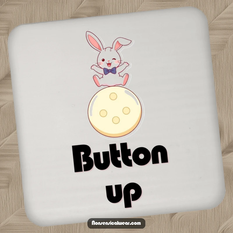 Funny coaster design of a playful rabbit in a bow tie, leaping over a giant button.
