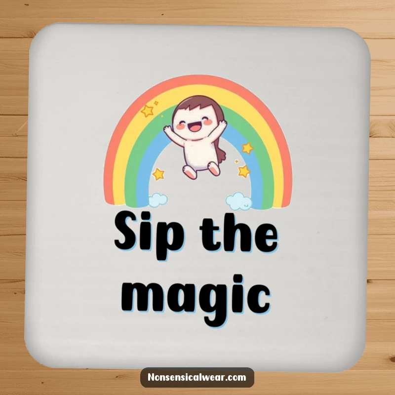 Funny drink coaster: a laughing character slides down a rainbow, adding a touch of whimsy to drink protection.