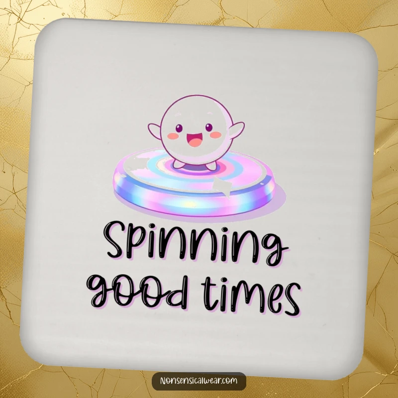 Funny Drink Coasters: A playful, spherical character gleefully spinning on a vibrant, iridescent platform, protecting tables with humor.