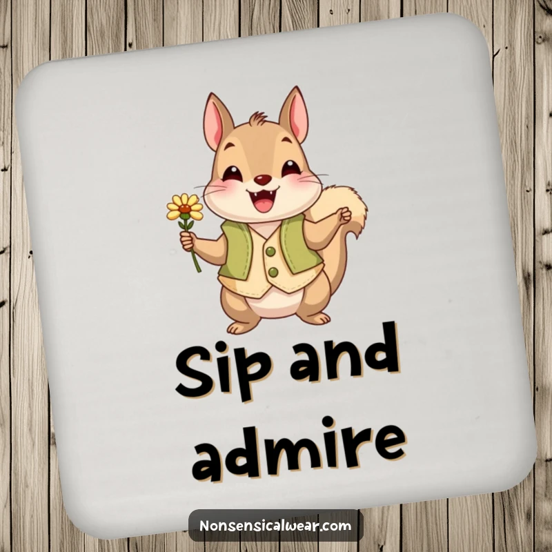 Funny squirrel in a vest offering a flower, designed as coasters for a humorous and charming drink setup.