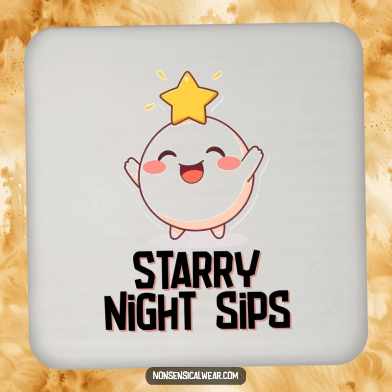 Funny Drink Coasters: A cheerful, round character joyfully bouncing a radiant star off its head, adding cosmic flair.